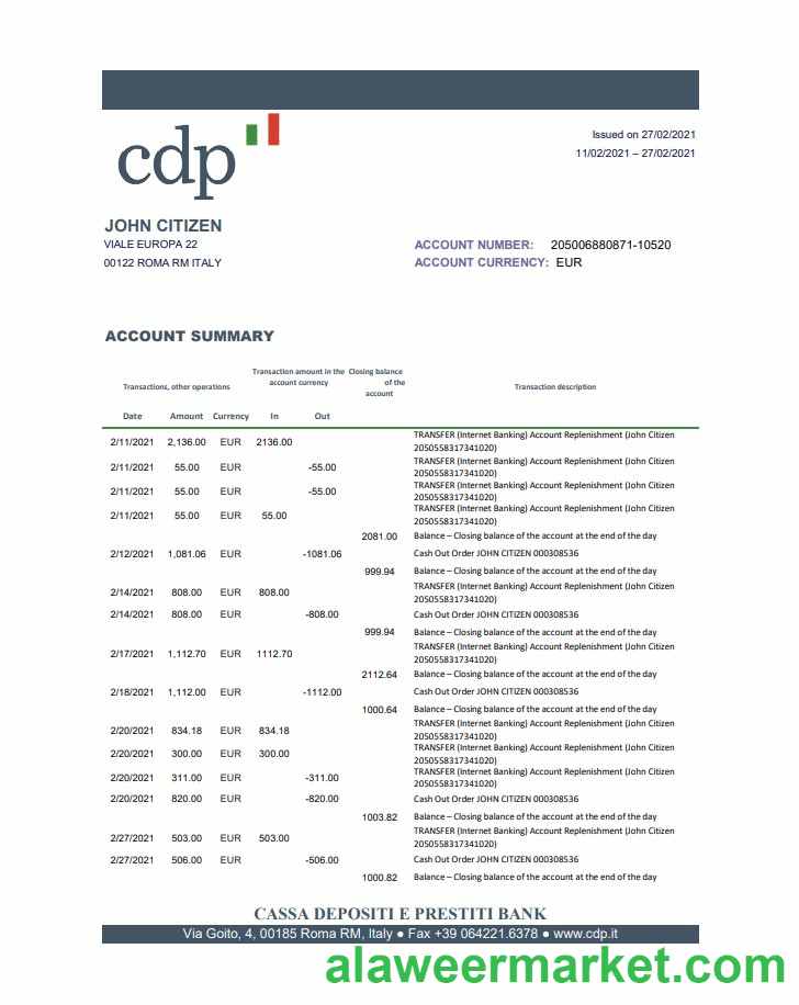 Italy Cassa Depositi e Prestiti bank statement easy to fill template in .xls and .pdf file format